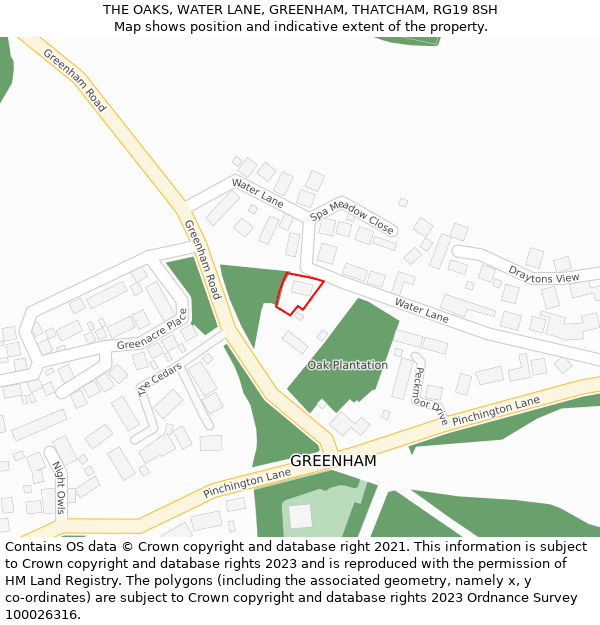 THE OAKS, WATER LANE, GREENHAM, THATCHAM, RG19 8SH: Location map and indicative extent of plot