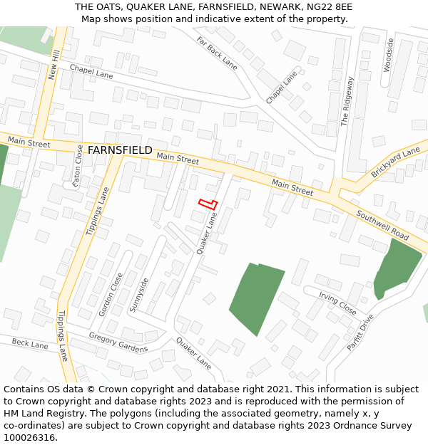 THE OATS, QUAKER LANE, FARNSFIELD, NEWARK, NG22 8EE: Location map and indicative extent of plot