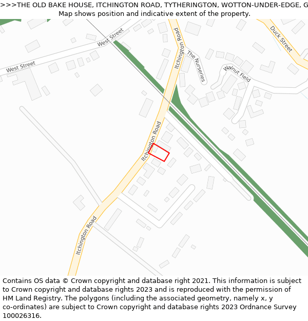 THE OLD BAKE HOUSE, ITCHINGTON ROAD, TYTHERINGTON, WOTTON-UNDER-EDGE, GL12 8QE: Location map and indicative extent of plot