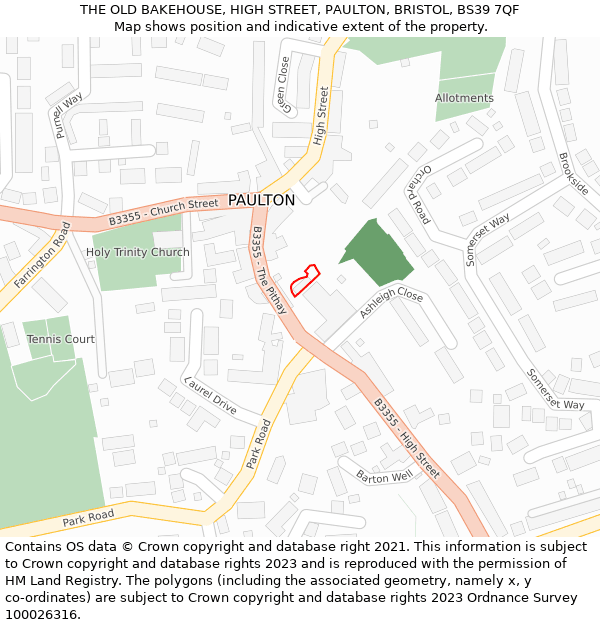 THE OLD BAKEHOUSE, HIGH STREET, PAULTON, BRISTOL, BS39 7QF: Location map and indicative extent of plot