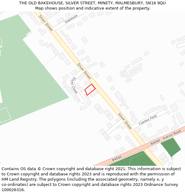 THE OLD BAKEHOUSE, SILVER STREET, MINETY, MALMESBURY, SN16 9QU: Location map and indicative extent of plot