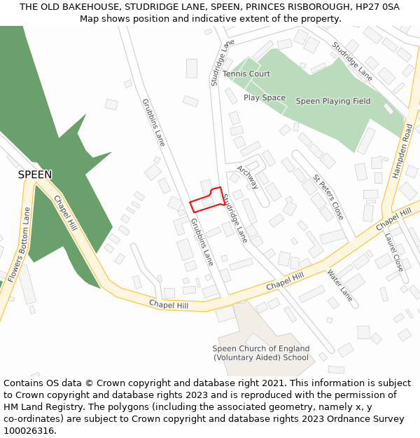 THE OLD BAKEHOUSE, STUDRIDGE LANE, SPEEN, PRINCES RISBOROUGH, HP27 0SA: Location map and indicative extent of plot