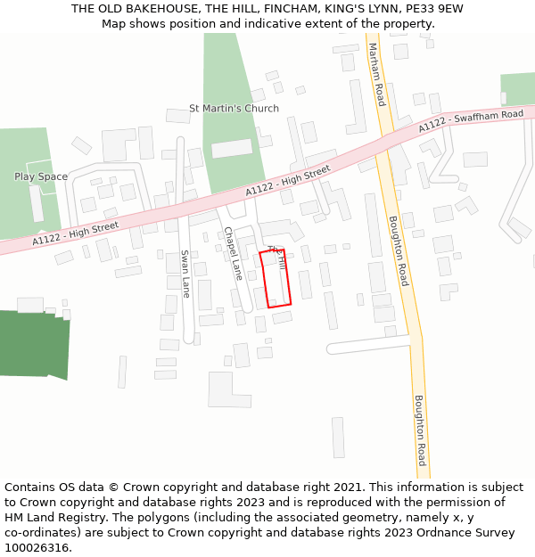 THE OLD BAKEHOUSE, THE HILL, FINCHAM, KING'S LYNN, PE33 9EW: Location map and indicative extent of plot
