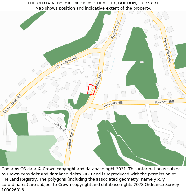THE OLD BAKERY, ARFORD ROAD, HEADLEY, BORDON, GU35 8BT: Location map and indicative extent of plot