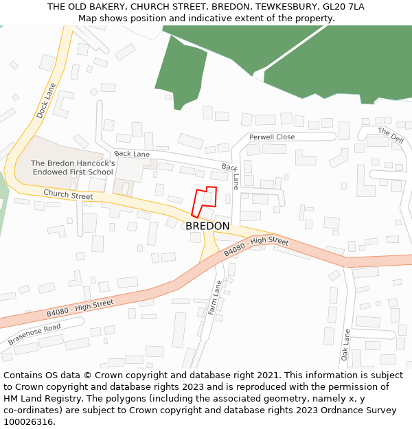 THE OLD BAKERY, CHURCH STREET, BREDON, TEWKESBURY, GL20 7LA: Location map and indicative extent of plot