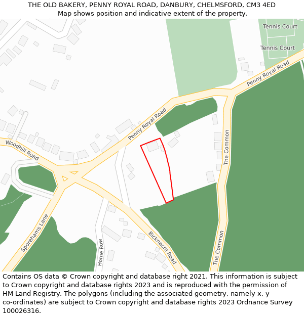 THE OLD BAKERY, PENNY ROYAL ROAD, DANBURY, CHELMSFORD, CM3 4ED: Location map and indicative extent of plot