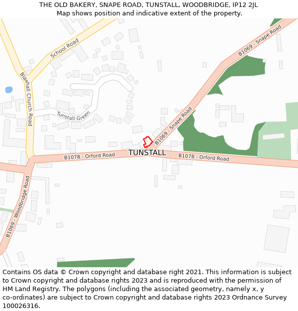 THE OLD BAKERY, SNAPE ROAD, TUNSTALL, WOODBRIDGE, IP12 2JL: Location map and indicative extent of plot
