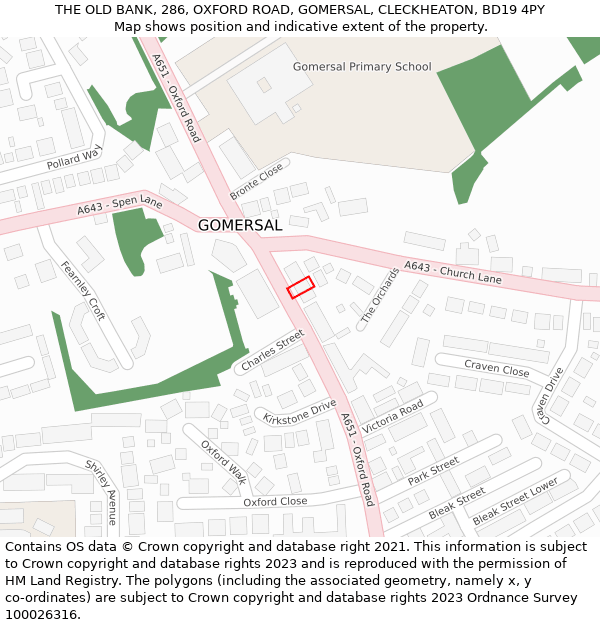 THE OLD BANK, 286, OXFORD ROAD, GOMERSAL, CLECKHEATON, BD19 4PY: Location map and indicative extent of plot