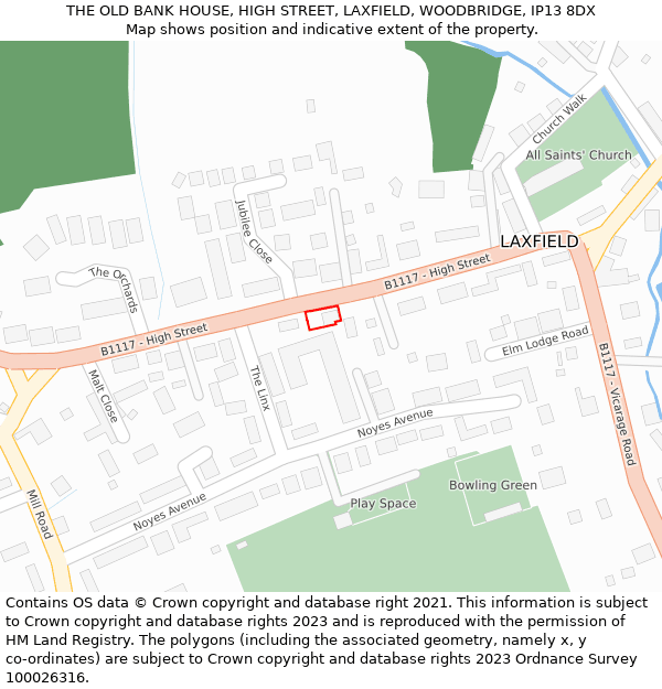 THE OLD BANK HOUSE, HIGH STREET, LAXFIELD, WOODBRIDGE, IP13 8DX: Location map and indicative extent of plot