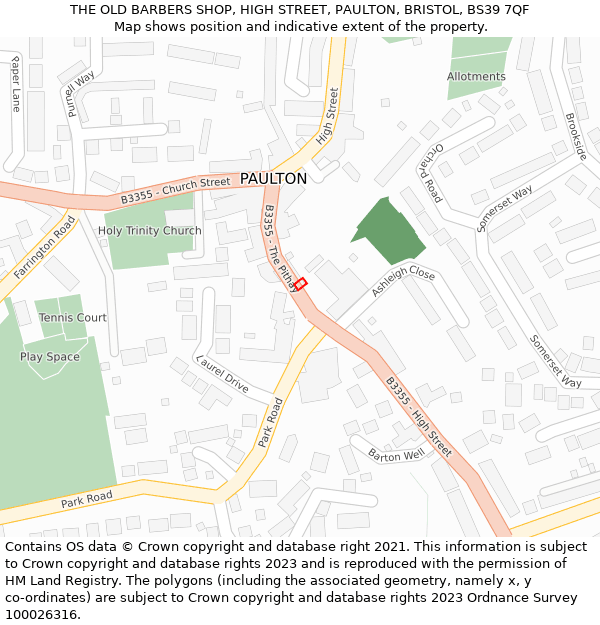 THE OLD BARBERS SHOP, HIGH STREET, PAULTON, BRISTOL, BS39 7QF: Location map and indicative extent of plot