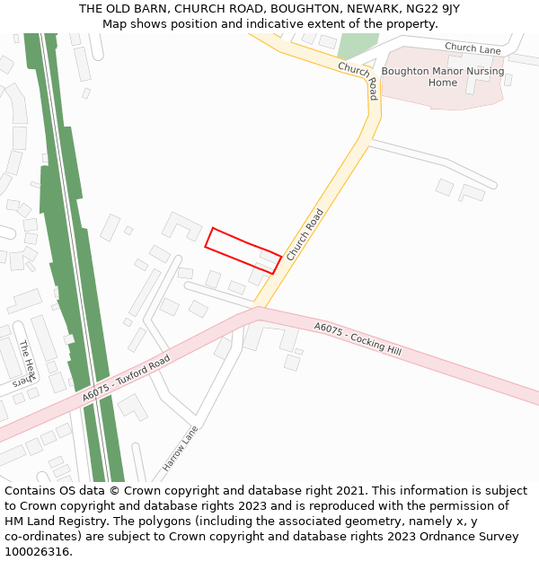 THE OLD BARN, CHURCH ROAD, BOUGHTON, NEWARK, NG22 9JY: Location map and indicative extent of plot