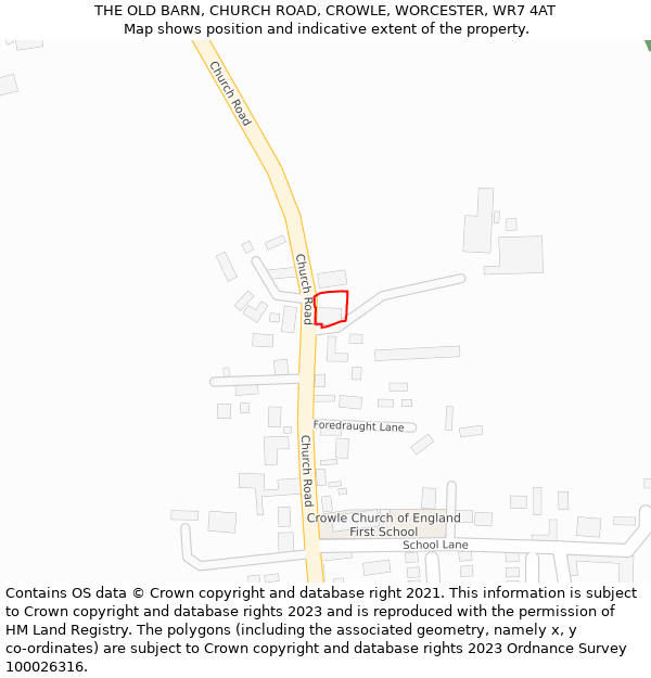 THE OLD BARN, CHURCH ROAD, CROWLE, WORCESTER, WR7 4AT: Location map and indicative extent of plot