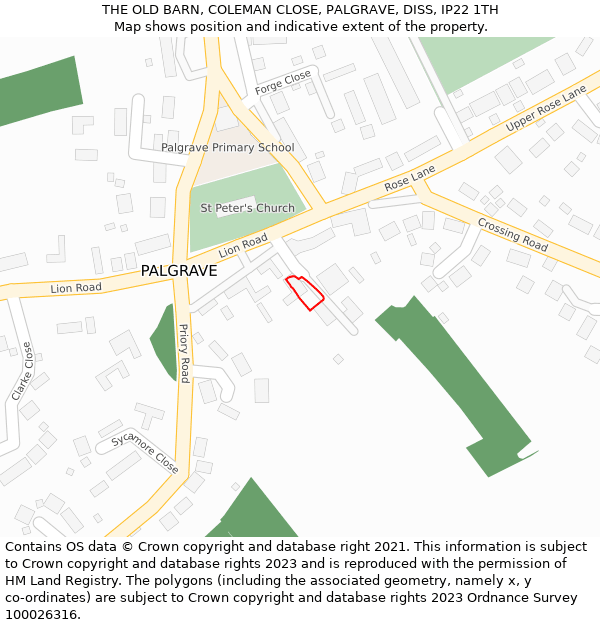 THE OLD BARN, COLEMAN CLOSE, PALGRAVE, DISS, IP22 1TH: Location map and indicative extent of plot