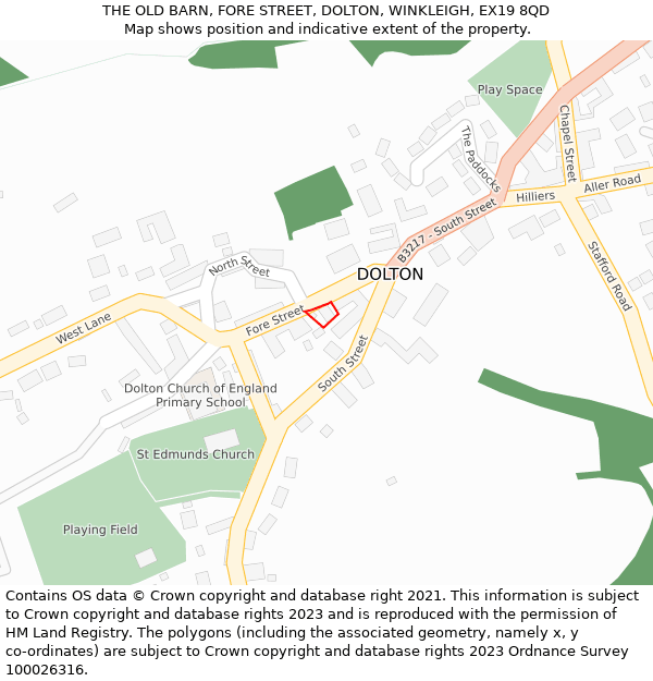 THE OLD BARN, FORE STREET, DOLTON, WINKLEIGH, EX19 8QD: Location map and indicative extent of plot