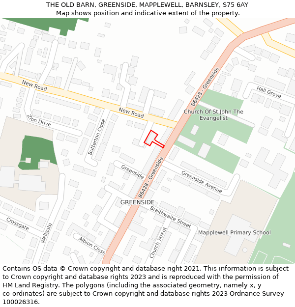 THE OLD BARN, GREENSIDE, MAPPLEWELL, BARNSLEY, S75 6AY: Location map and indicative extent of plot