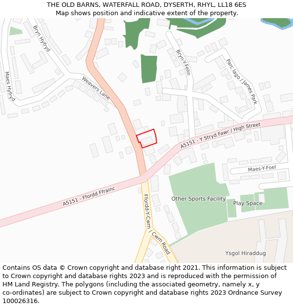 THE OLD BARNS, WATERFALL ROAD, DYSERTH, RHYL, LL18 6ES: Location map and indicative extent of plot