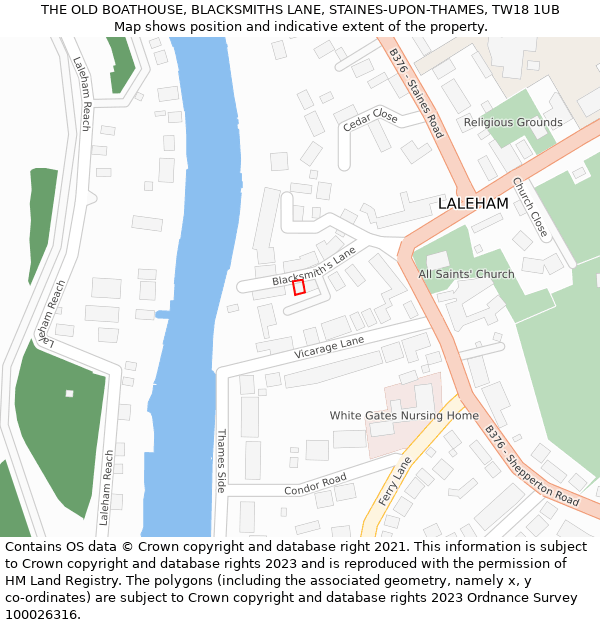 THE OLD BOATHOUSE, BLACKSMITHS LANE, STAINES-UPON-THAMES, TW18 1UB: Location map and indicative extent of plot