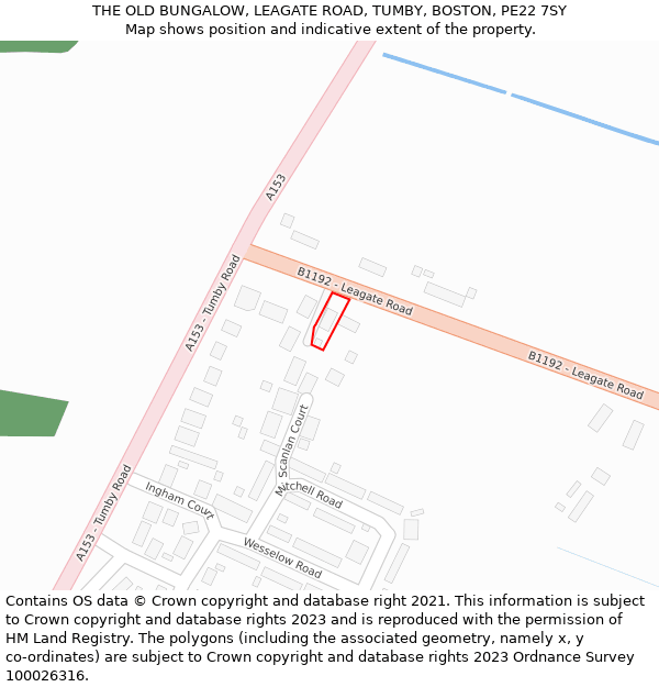 THE OLD BUNGALOW, LEAGATE ROAD, TUMBY, BOSTON, PE22 7SY: Location map and indicative extent of plot