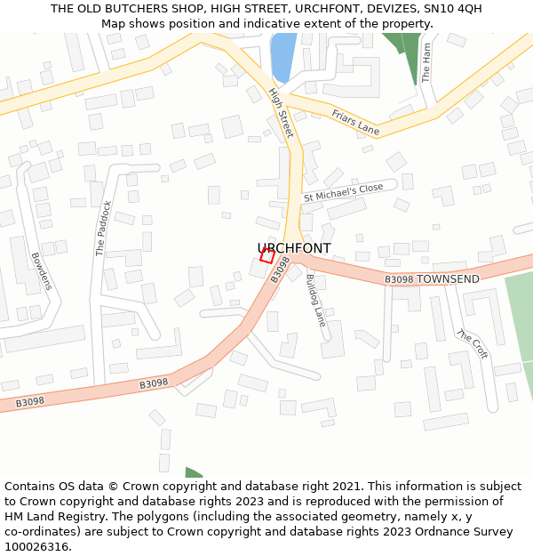 THE OLD BUTCHERS SHOP, HIGH STREET, URCHFONT, DEVIZES, SN10 4QH: Location map and indicative extent of plot