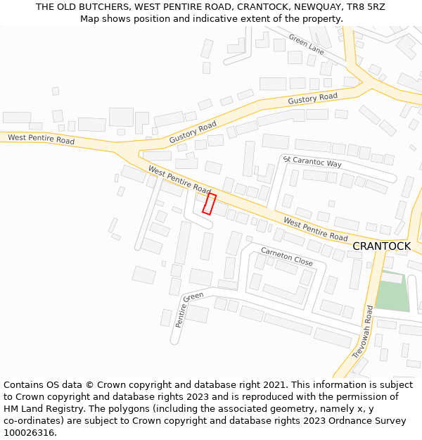 THE OLD BUTCHERS, WEST PENTIRE ROAD, CRANTOCK, NEWQUAY, TR8 5RZ: Location map and indicative extent of plot