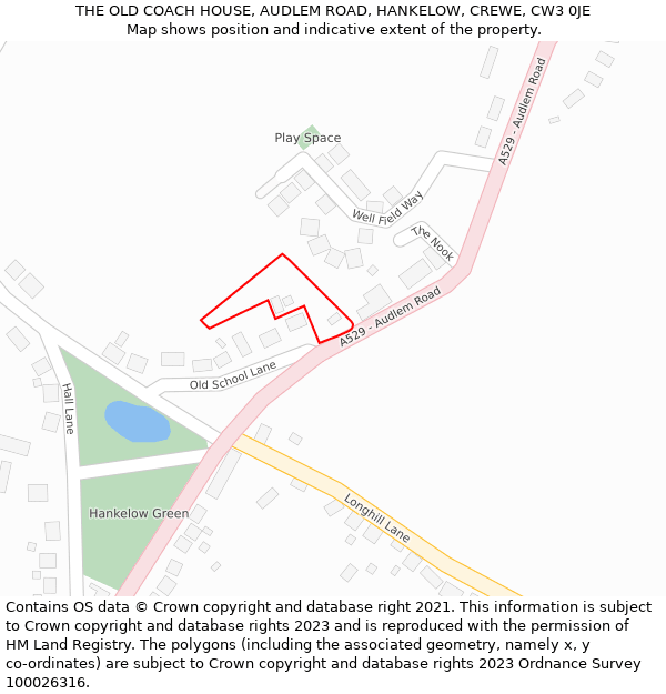 THE OLD COACH HOUSE, AUDLEM ROAD, HANKELOW, CREWE, CW3 0JE: Location map and indicative extent of plot