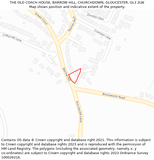 THE OLD COACH HOUSE, BARROW HILL, CHURCHDOWN, GLOUCESTER, GL3 2LW: Location map and indicative extent of plot