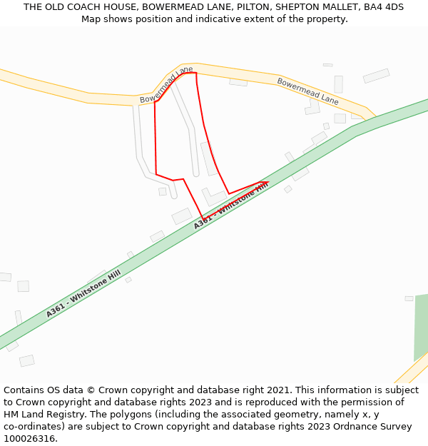 THE OLD COACH HOUSE, BOWERMEAD LANE, PILTON, SHEPTON MALLET, BA4 4DS: Location map and indicative extent of plot