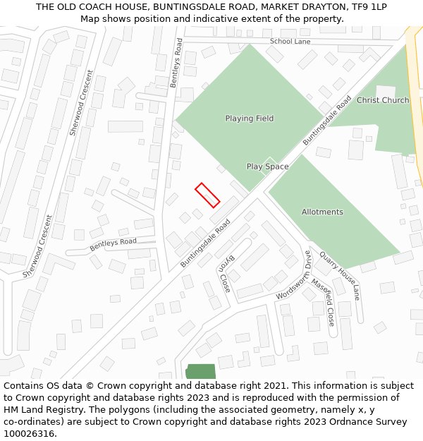 THE OLD COACH HOUSE, BUNTINGSDALE ROAD, MARKET DRAYTON, TF9 1LP: Location map and indicative extent of plot