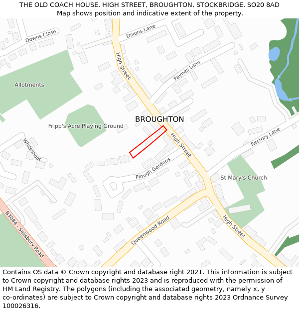 THE OLD COACH HOUSE, HIGH STREET, BROUGHTON, STOCKBRIDGE, SO20 8AD: Location map and indicative extent of plot