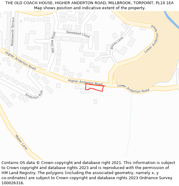 THE OLD COACH HOUSE, HIGHER ANDERTON ROAD, MILLBROOK, TORPOINT, PL10 1EA: Location map and indicative extent of plot