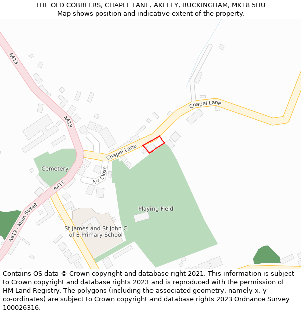 THE OLD COBBLERS, CHAPEL LANE, AKELEY, BUCKINGHAM, MK18 5HU: Location map and indicative extent of plot
