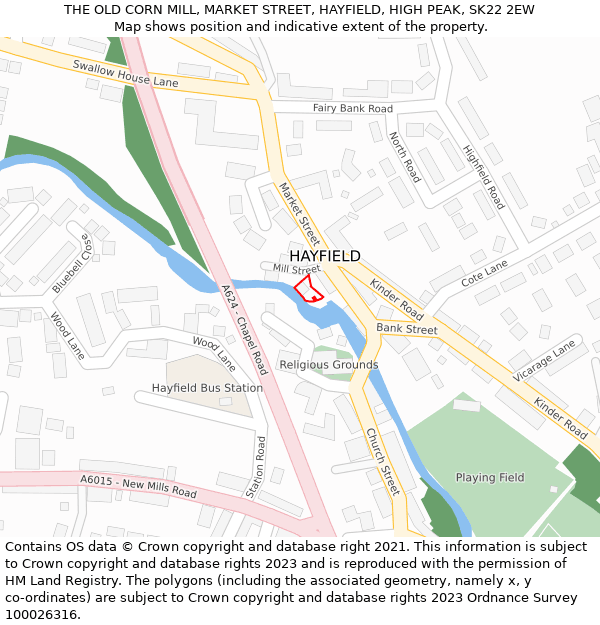 THE OLD CORN MILL, MARKET STREET, HAYFIELD, HIGH PEAK, SK22 2EW: Location map and indicative extent of plot