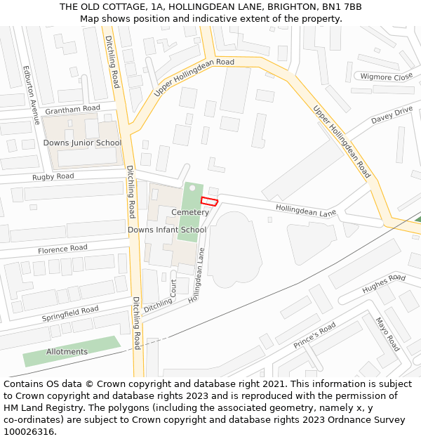 THE OLD COTTAGE, 1A, HOLLINGDEAN LANE, BRIGHTON, BN1 7BB: Location map and indicative extent of plot