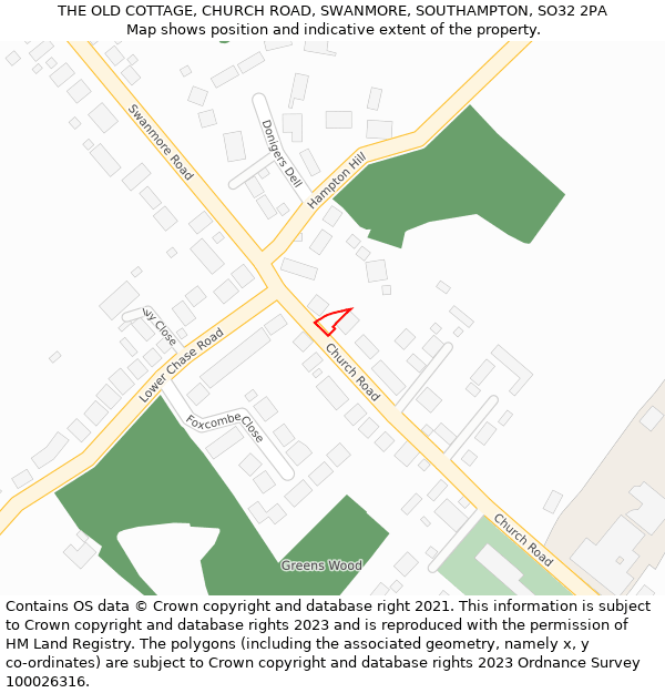 THE OLD COTTAGE, CHURCH ROAD, SWANMORE, SOUTHAMPTON, SO32 2PA: Location map and indicative extent of plot