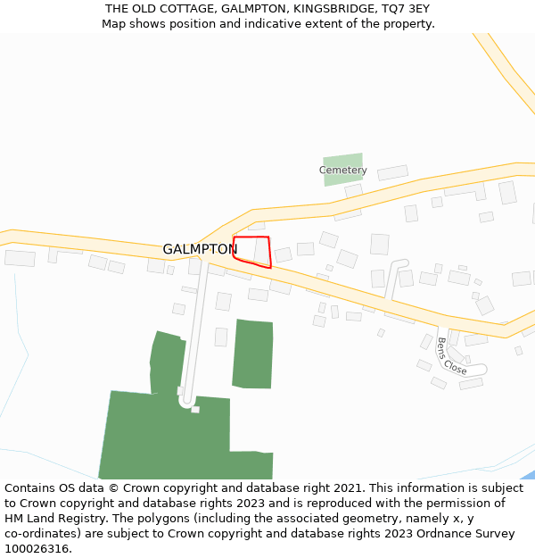 THE OLD COTTAGE, GALMPTON, KINGSBRIDGE, TQ7 3EY: Location map and indicative extent of plot