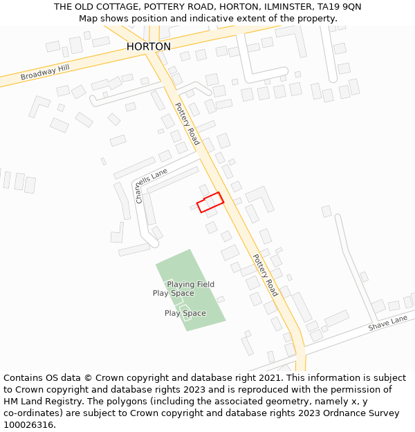 THE OLD COTTAGE, POTTERY ROAD, HORTON, ILMINSTER, TA19 9QN: Location map and indicative extent of plot