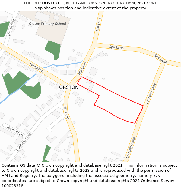 THE OLD DOVECOTE, MILL LANE, ORSTON, NOTTINGHAM, NG13 9NE: Location map and indicative extent of plot