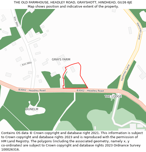 THE OLD FARMHOUSE, HEADLEY ROAD, GRAYSHOTT, HINDHEAD, GU26 6JE: Location map and indicative extent of plot