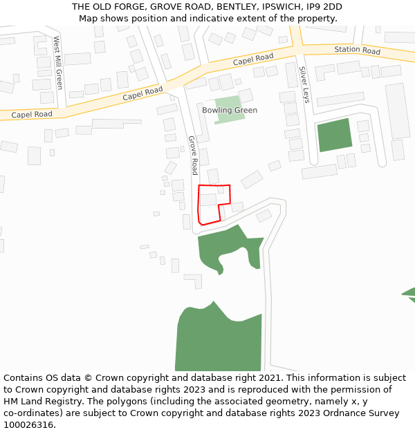 THE OLD FORGE, GROVE ROAD, BENTLEY, IPSWICH, IP9 2DD: Location map and indicative extent of plot