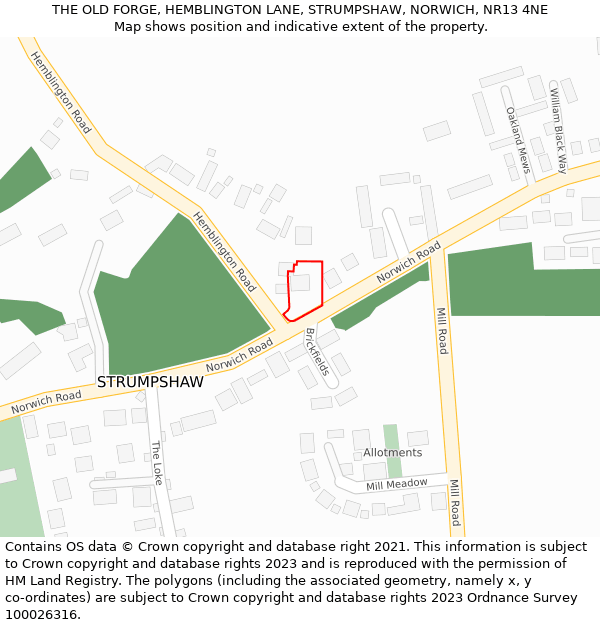 THE OLD FORGE, HEMBLINGTON LANE, STRUMPSHAW, NORWICH, NR13 4NE: Location map and indicative extent of plot