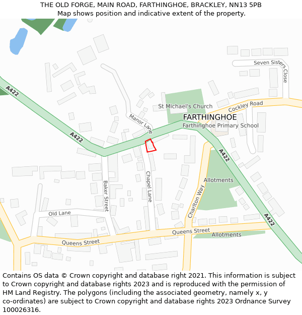 THE OLD FORGE, MAIN ROAD, FARTHINGHOE, BRACKLEY, NN13 5PB: Location map and indicative extent of plot