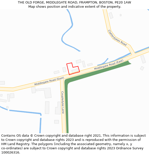 THE OLD FORGE, MIDDLEGATE ROAD, FRAMPTON, BOSTON, PE20 1AW: Location map and indicative extent of plot