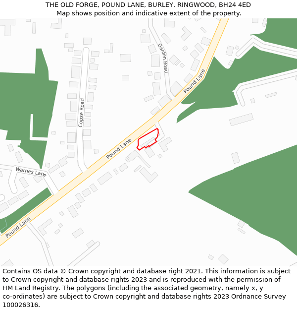 THE OLD FORGE, POUND LANE, BURLEY, RINGWOOD, BH24 4ED: Location map and indicative extent of plot