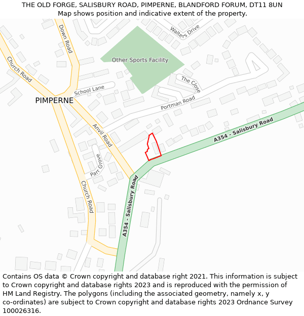 THE OLD FORGE, SALISBURY ROAD, PIMPERNE, BLANDFORD FORUM, DT11 8UN: Location map and indicative extent of plot