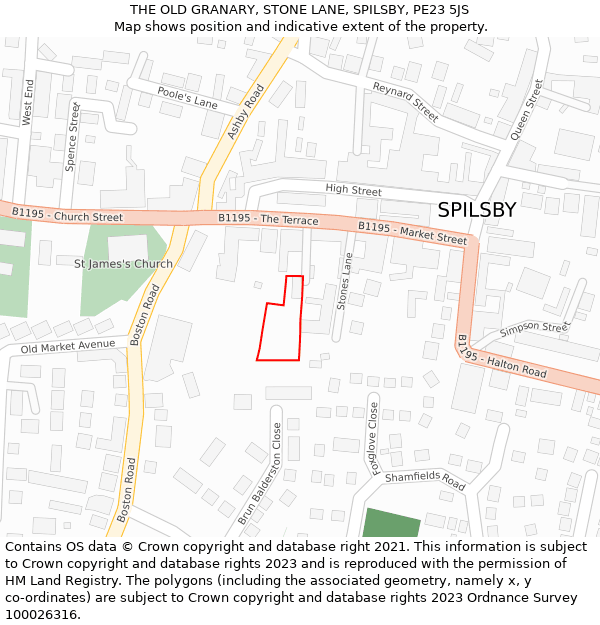 THE OLD GRANARY, STONE LANE, SPILSBY, PE23 5JS: Location map and indicative extent of plot