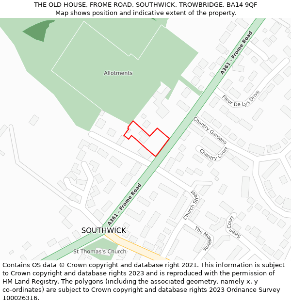THE OLD HOUSE, FROME ROAD, SOUTHWICK, TROWBRIDGE, BA14 9QF: Location map and indicative extent of plot
