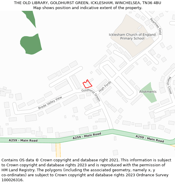 THE OLD LIBRARY, GOLDHURST GREEN, ICKLESHAM, WINCHELSEA, TN36 4BU: Location map and indicative extent of plot