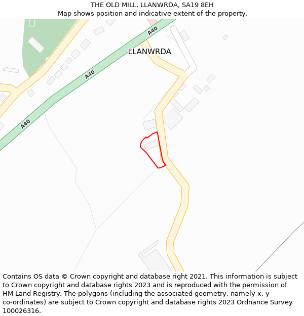 THE OLD MILL, LLANWRDA, SA19 8EH: Location map and indicative extent of plot