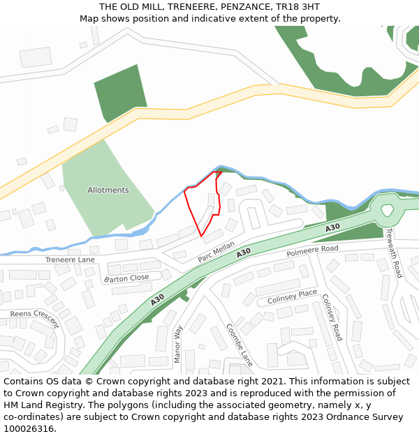 THE OLD MILL, TRENEERE, PENZANCE, TR18 3HT: Location map and indicative extent of plot