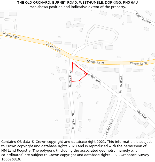 THE OLD ORCHARD, BURNEY ROAD, WESTHUMBLE, DORKING, RH5 6AU: Location map and indicative extent of plot